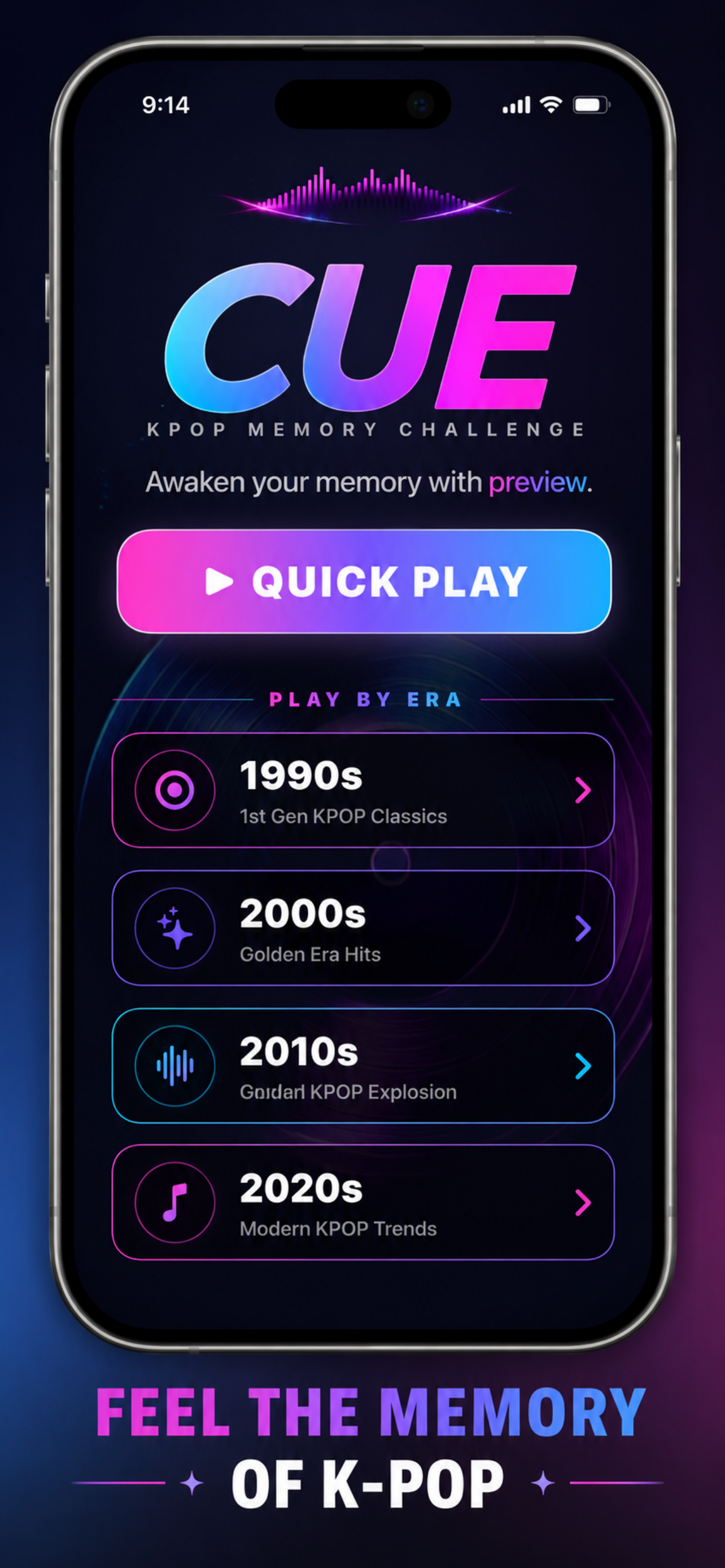CUE home screen with Quick Start and K-POP quizzes organized by decade.