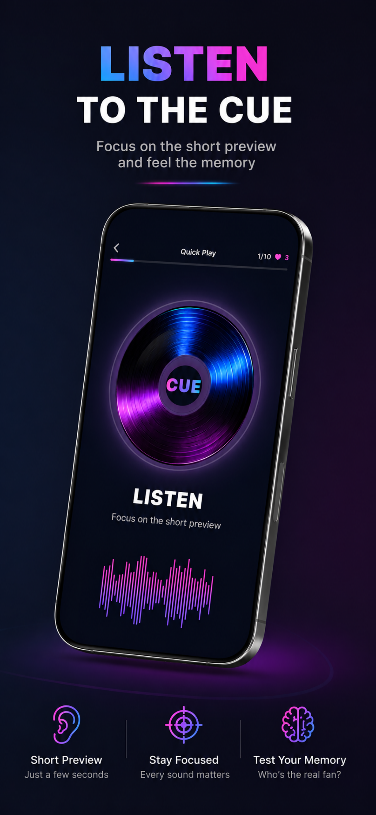 CUE listening screen with a vinyl record, waveform, round progress, and remaining hearts.