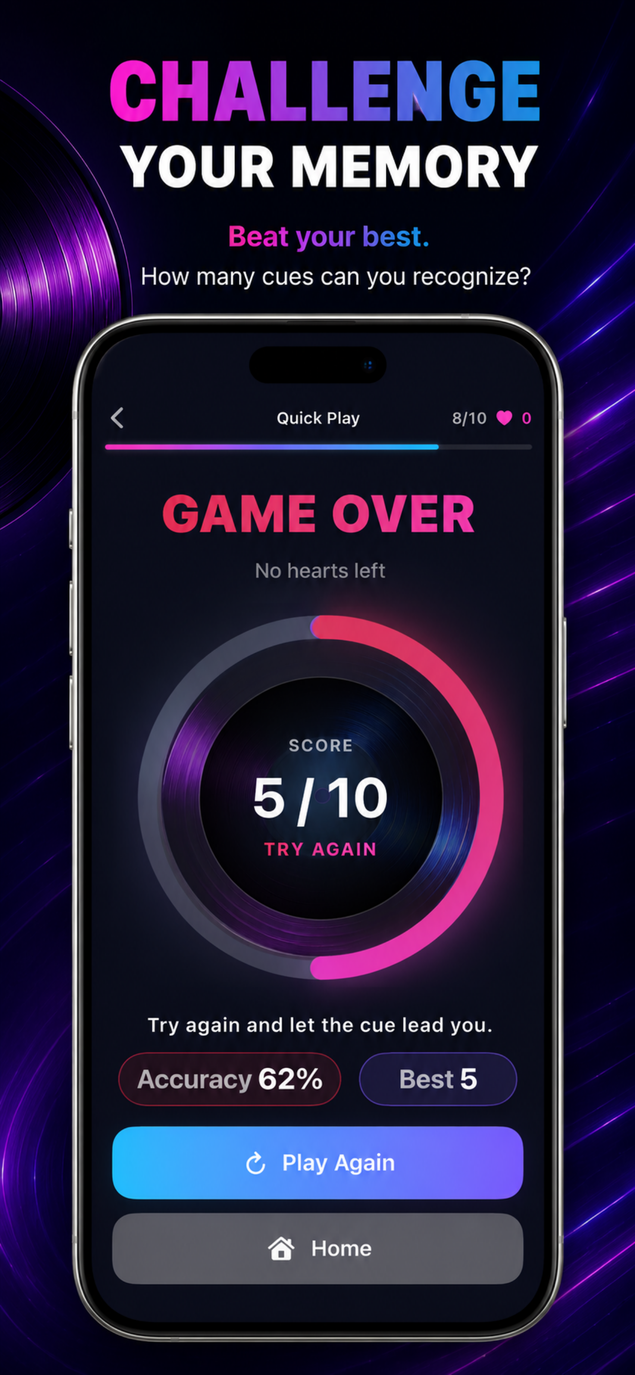 CUE game-over screen with score, accuracy, best streak, replay, and home actions.