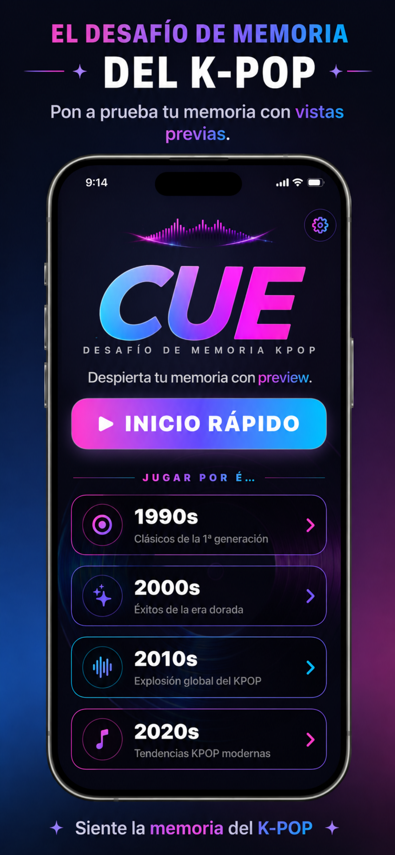 Pantalla de inicio de CUE con Inicio rápido y quizzes de K-POP por décadas.