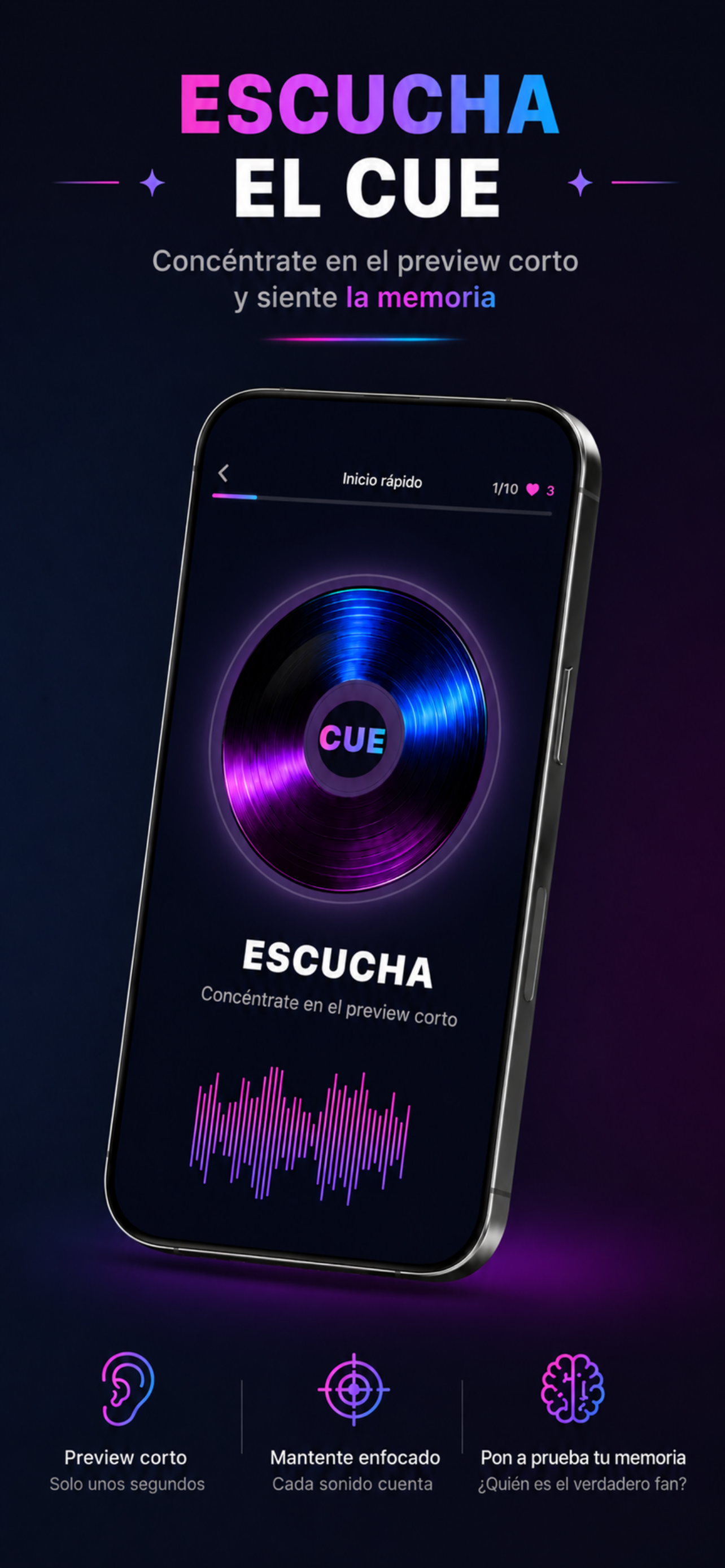 Pantalla de escucha de CUE con vinilo, onda de audio, progreso y corazones restantes.