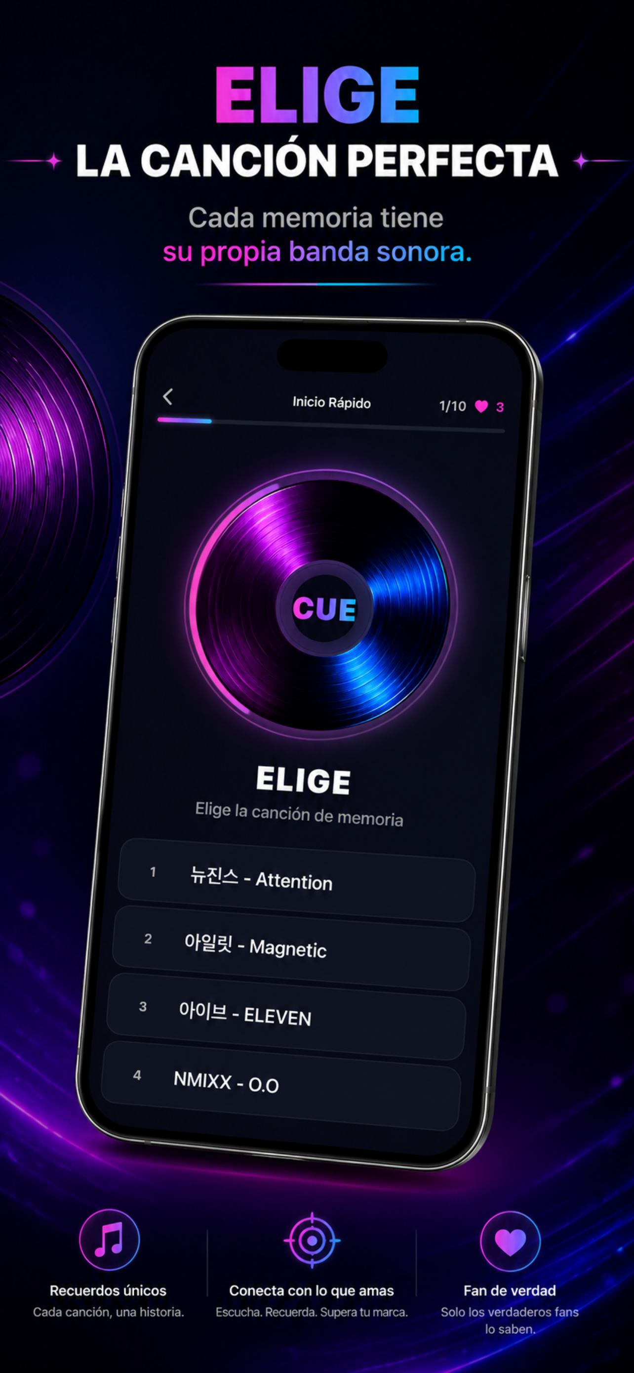 Pantalla de CUE para elegir una de cuatro canciones tras escuchar un cue breve.