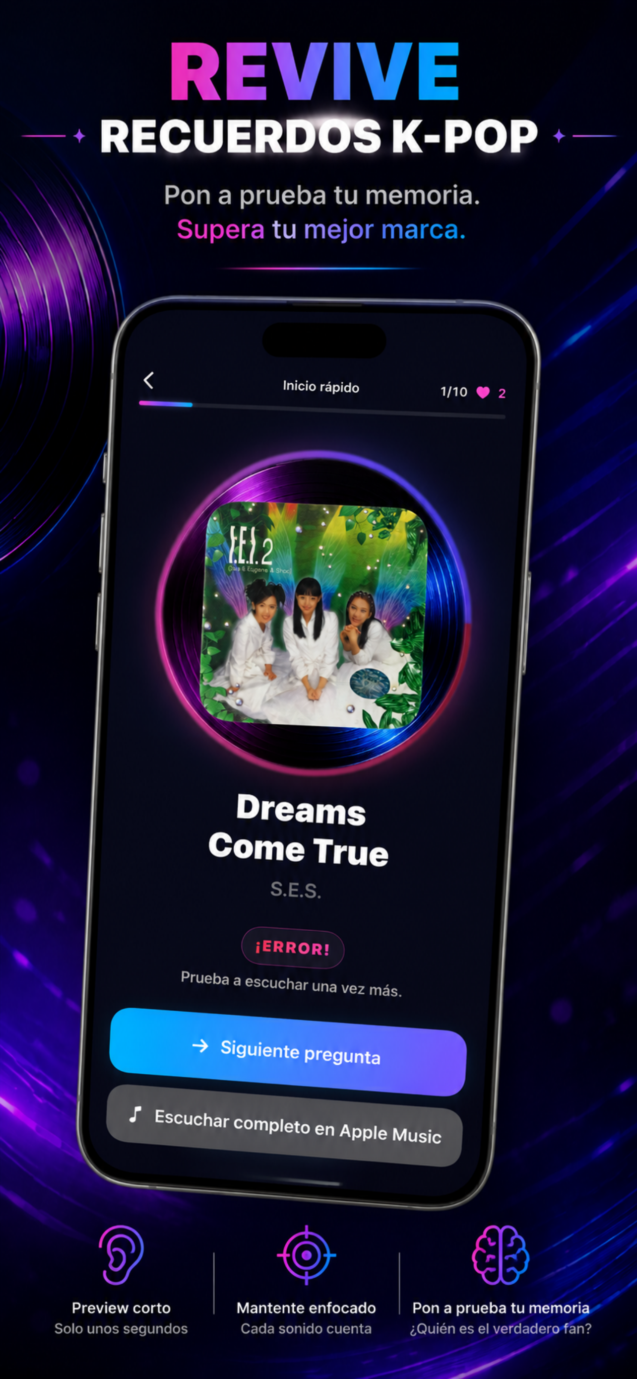Resultado de CUE con canción, artista, pregunta siguiente y enlace a Apple Music.