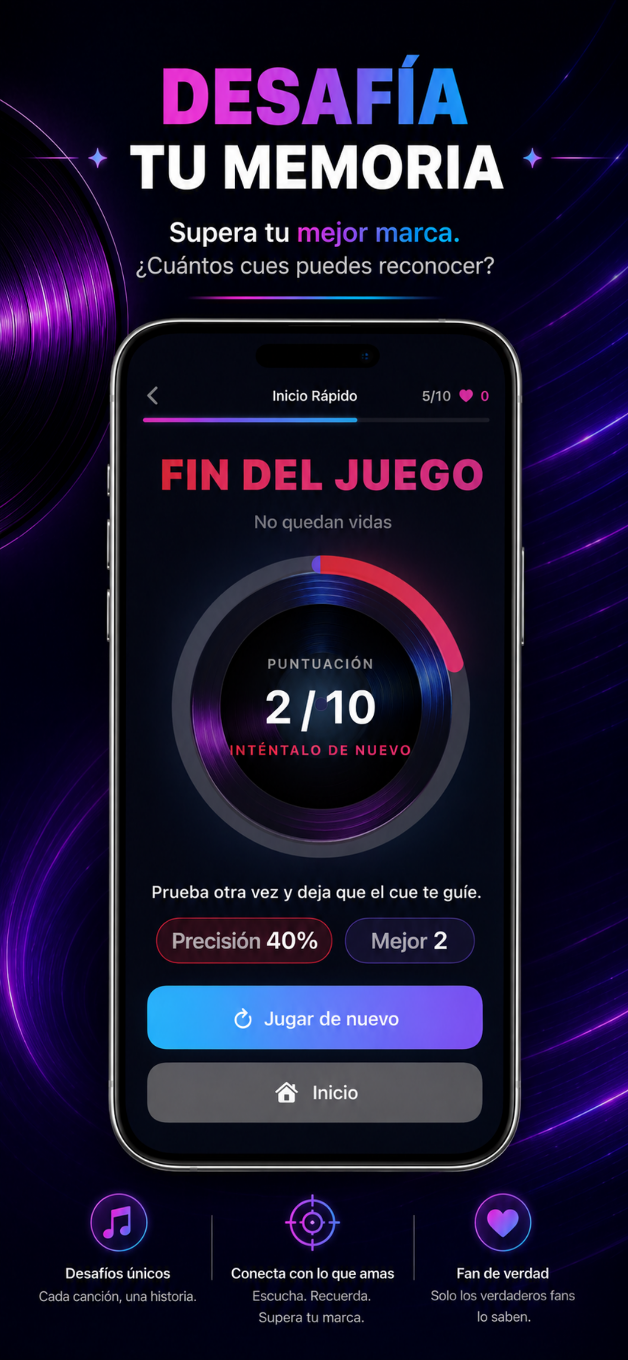 Pantalla de fin de partida de CUE con puntuación, precisión, mejor racha y opciones para repetir o volver al inicio.