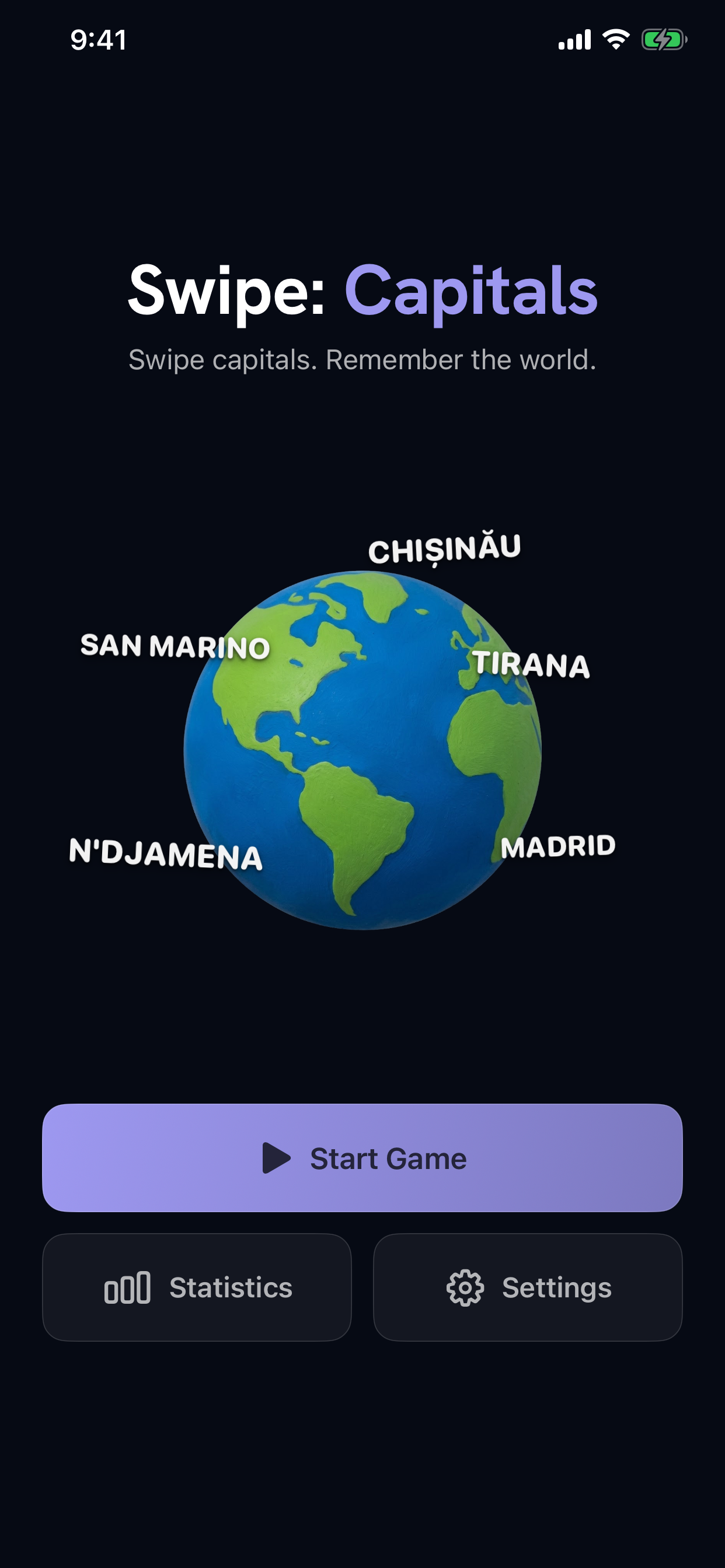 Swipe: Capitals home screen with the globe, Start Game, Statistics, and Settings.