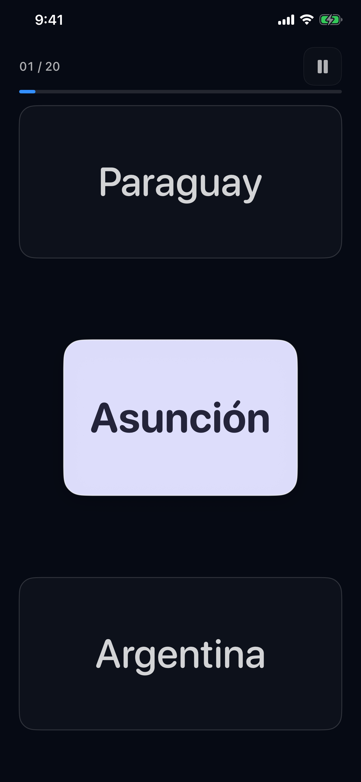 Pregunta sobre una capital con dos países entre los que elegir y una cuenta atrás de tres segundos.
