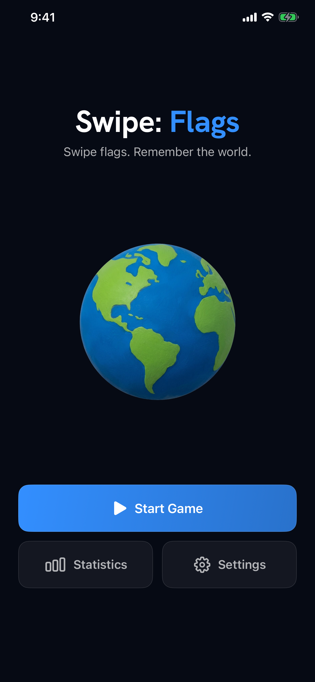 Swipe: Flags home screen with a globe, Start Game, Statistics, and Settings controls.
