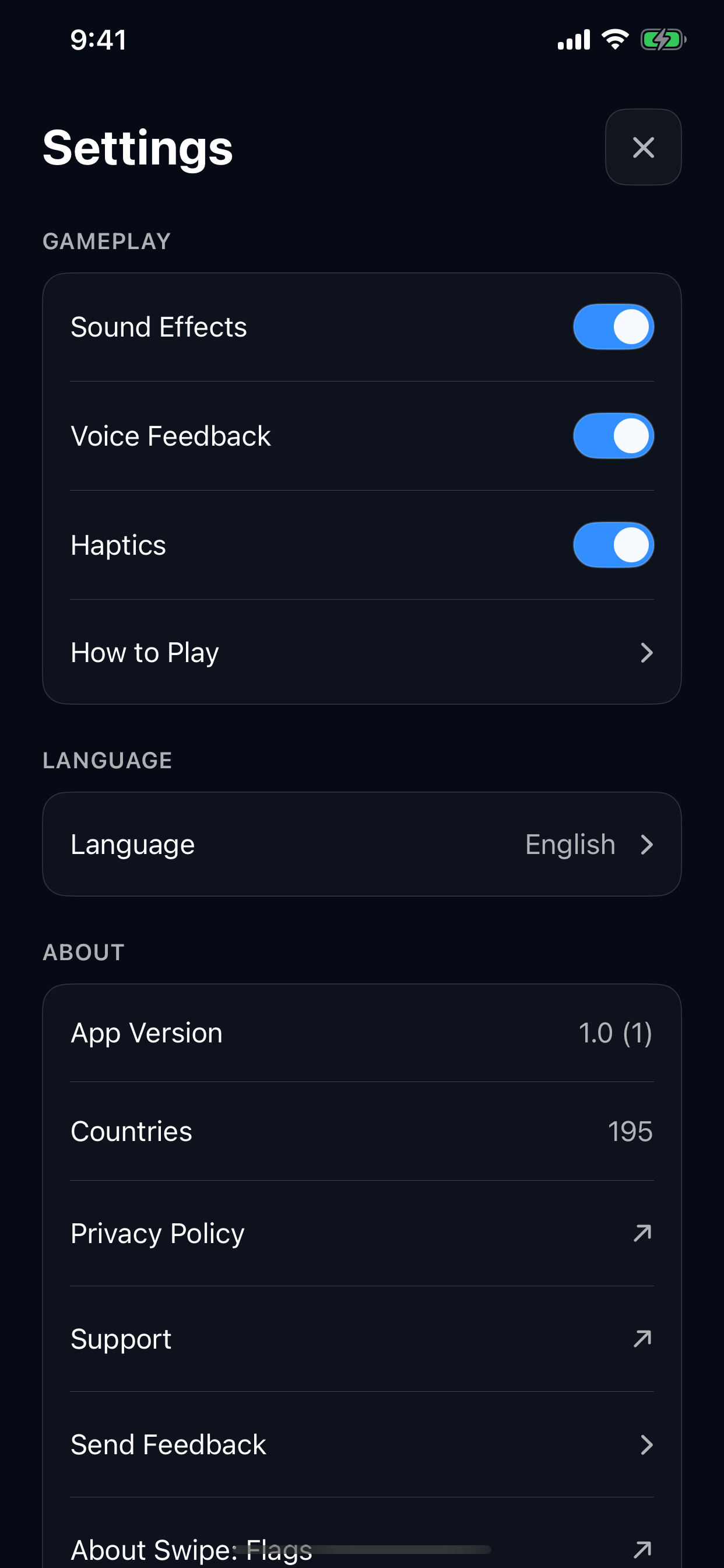 Settings screen with sound effects, voice feedback, haptics, language, privacy, and support options.