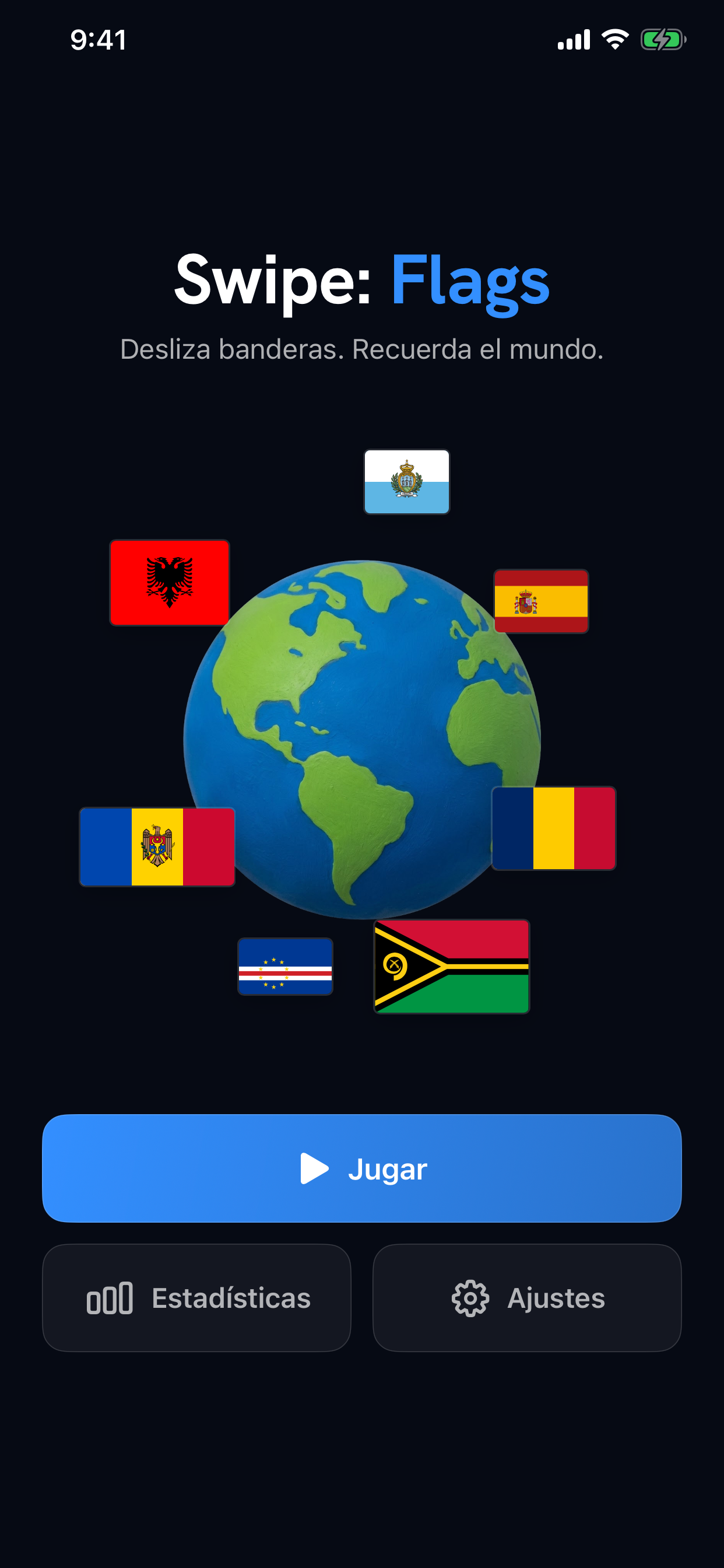 Pantalla de inicio de Swipe: Flags con un globo y controles para jugar, estadísticas y ajustes.