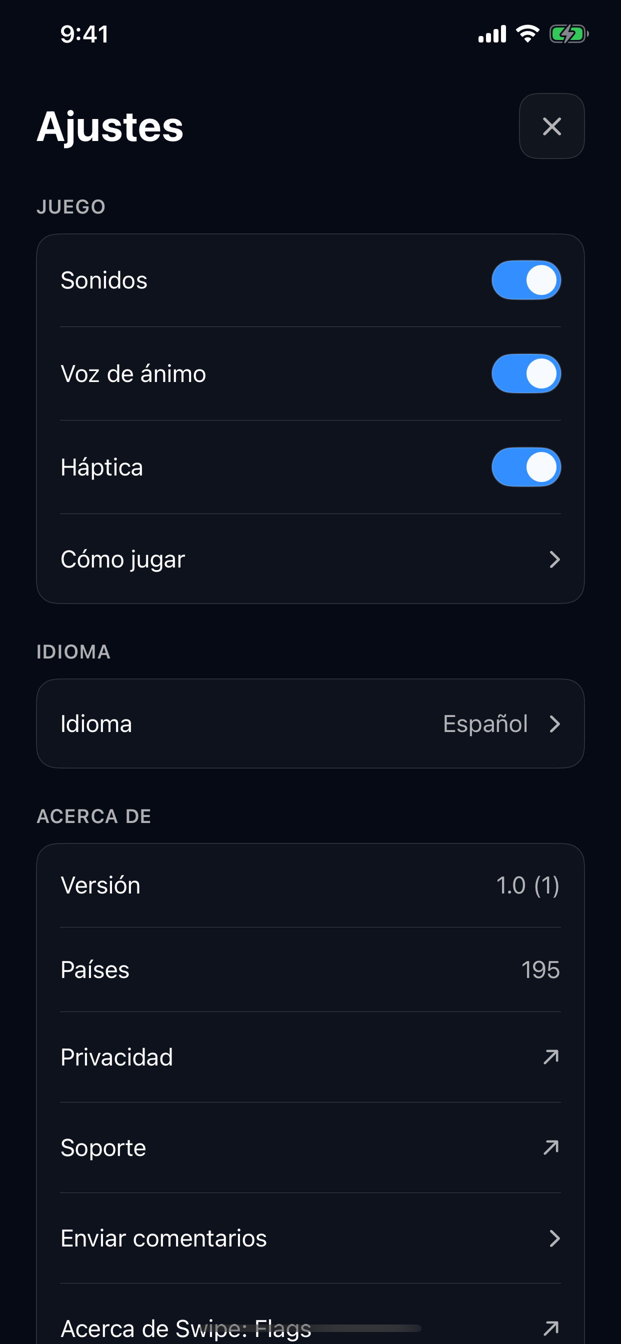 Ajustes de efectos de sonido, voz, respuesta háptica, idioma, privacidad y soporte.
