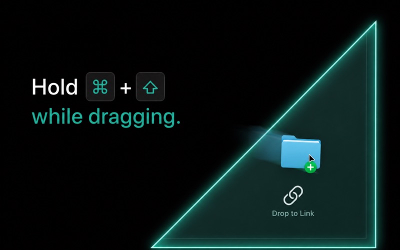 폴더를 플로팅 대상으로 드래그하는 동안 Command와 Shift 키를 누르는 모습을 보여주는 영문 Mac App Store 스크린샷.