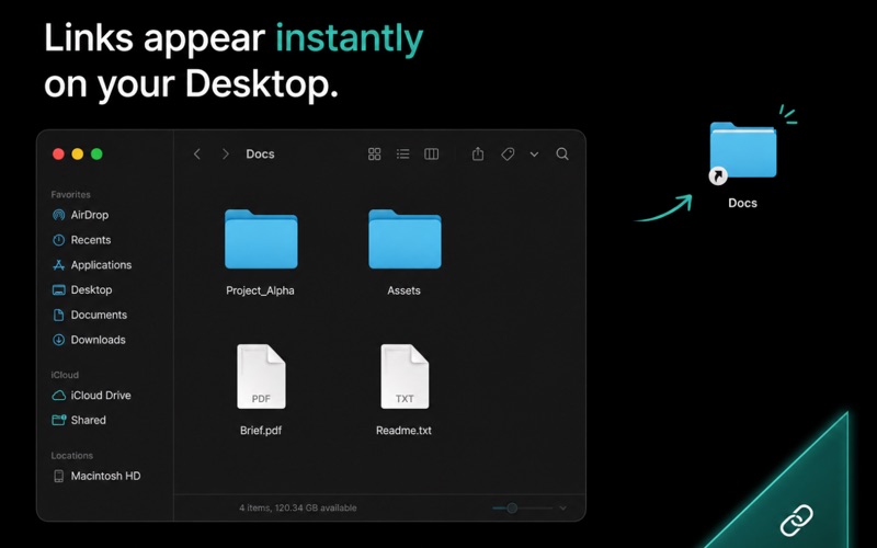 Finder 데스크탑에 링크가 만들어진 모습을 보여주는 영문 Mac App Store 스크린샷.
