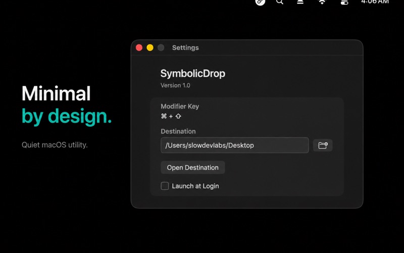 대상 폴더와 로그인 시 실행 옵션이 보이는 SymbolicDrop 설정 화면의 영문 Mac App Store 스크린샷.