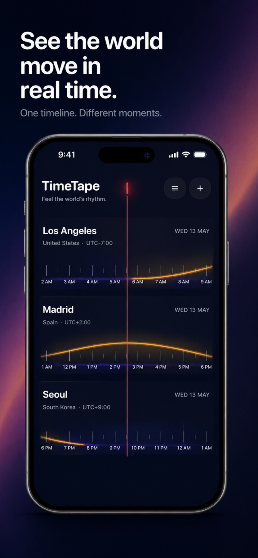 Captura en inglés de App Store con Los Ángeles, Madrid, Aarhus y Seúl en una línea de tiempo con curvas de luz diurna.