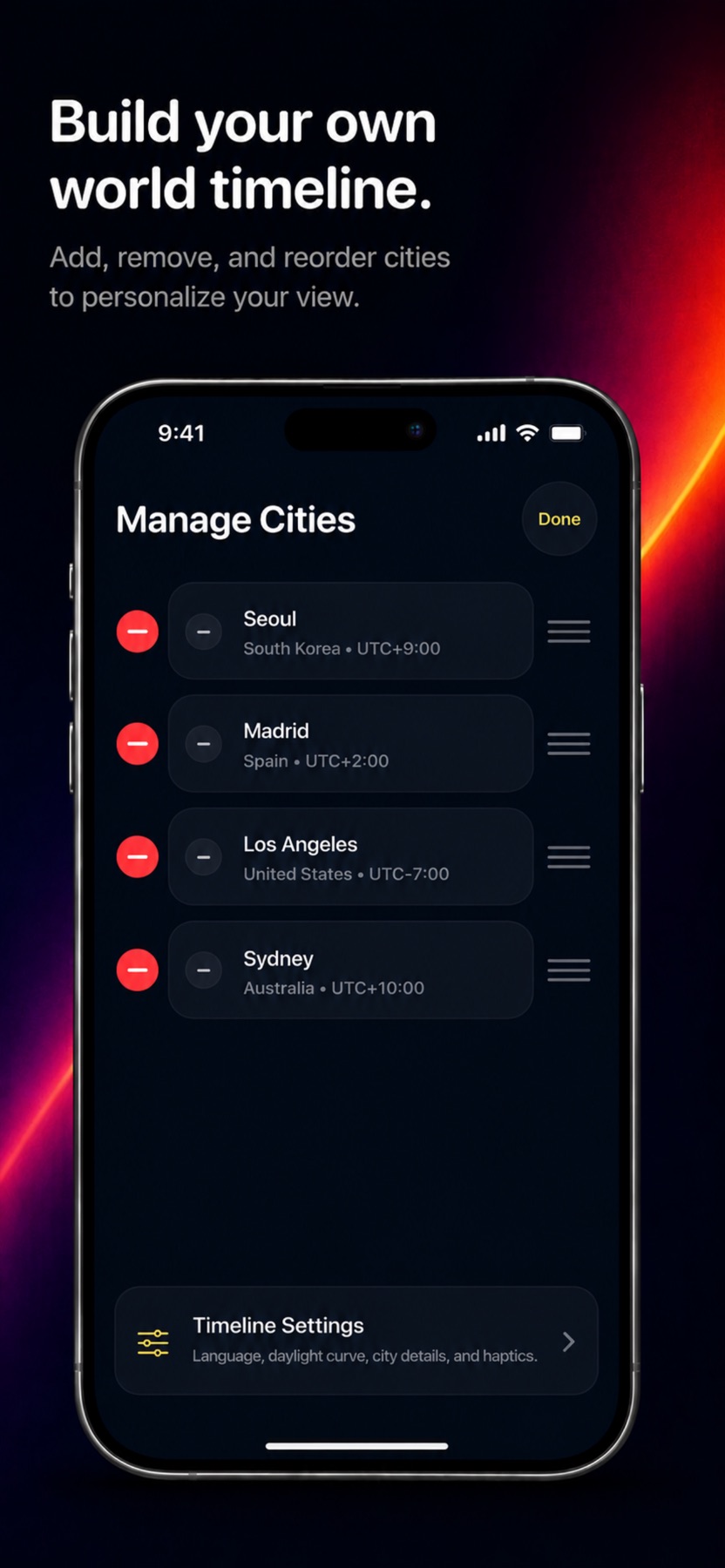Captura en inglés de App Store con la lista para añadir, quitar y ordenar ciudades.
